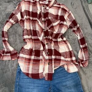 Maurices Burgundy and White Plaid Shirt